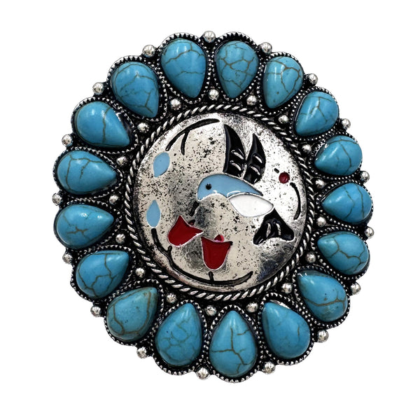 Hummingbird Art Turquoise Stone Floral Large Ring