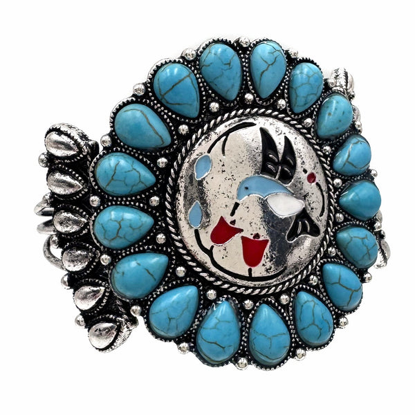 Hummingbird Art Turquoise Stone Floral Open Bangle