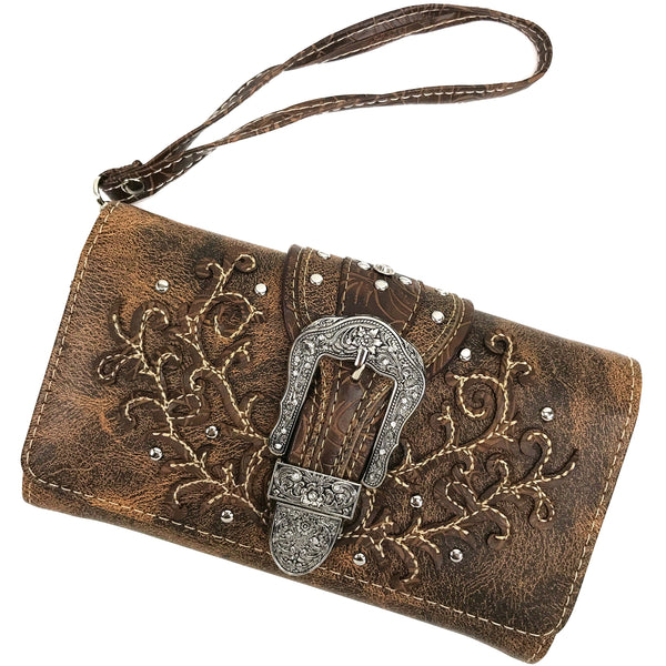 Classic Western Buckle Crossbody Trifold Wallet