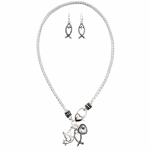 Dove Ichthys Silver Cross Angelic Heart Necklace Set