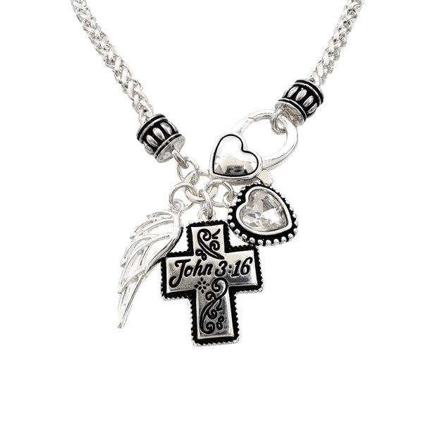 John 3:16 Silver Cross Angelic Heart Necklace Set