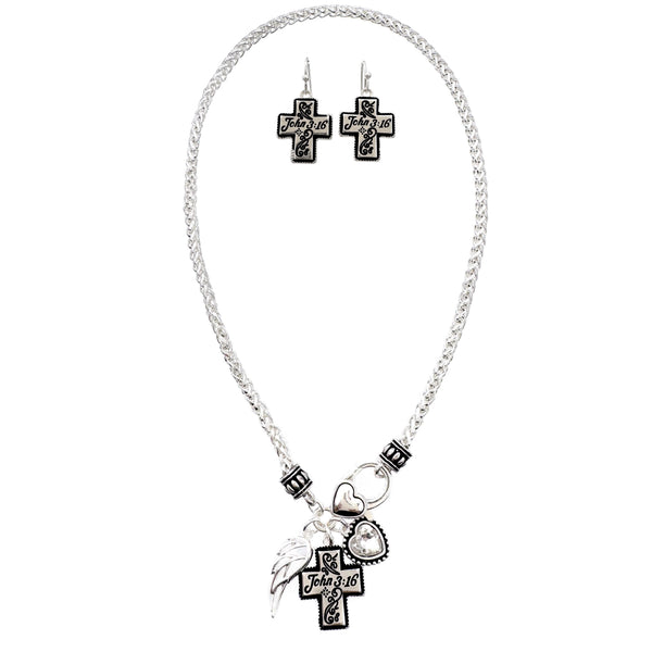John 3:16 Silver Cross Angelic Heart Necklace Set