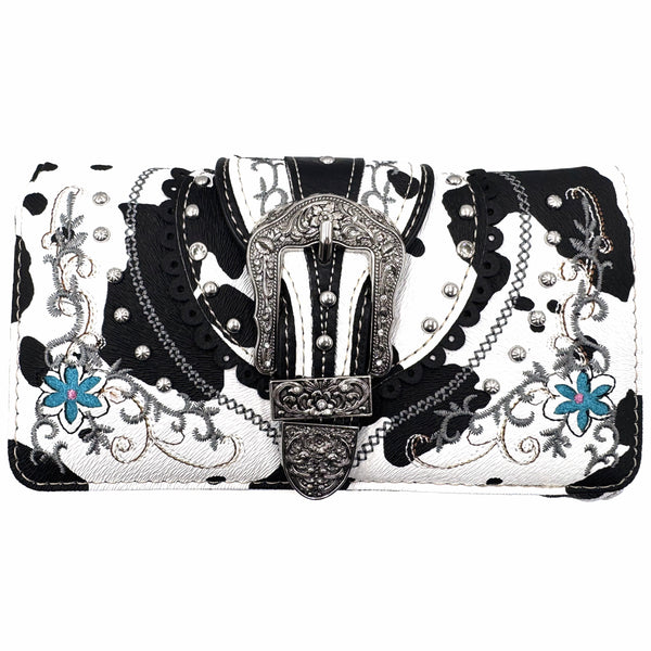 Cow Print Western Leather Buckle Crossbody Wallet
