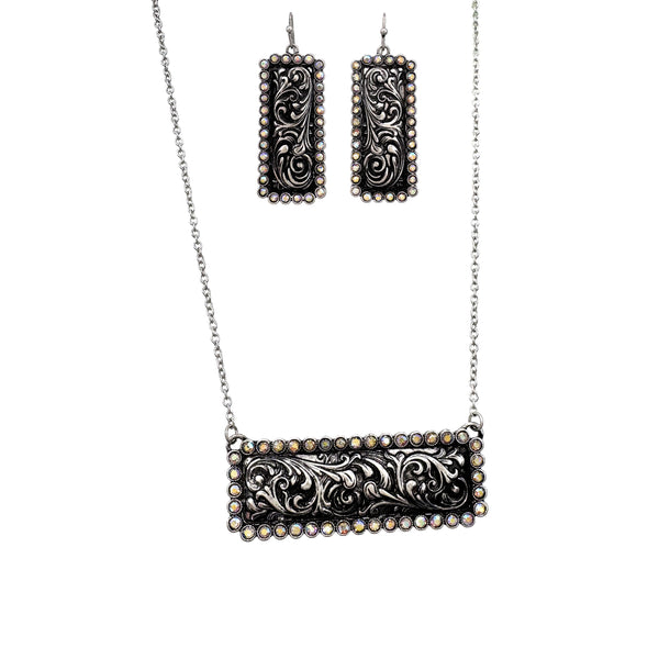 AB Rhinestone Western Bar Pendant Necklace Earrings