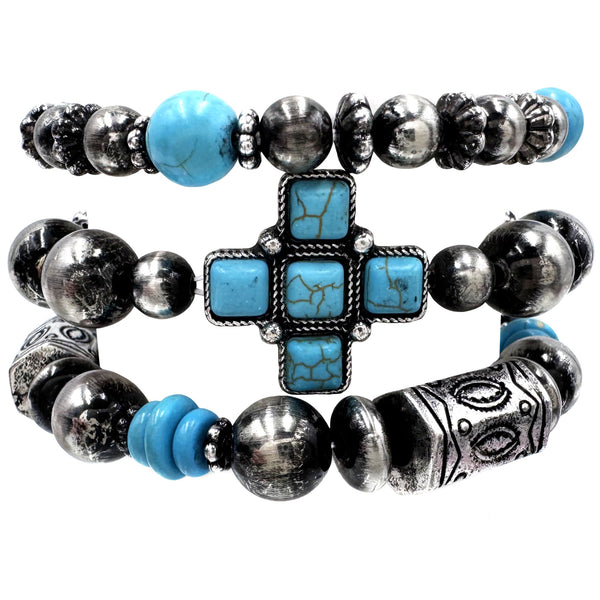 Aztec Cross Stone Navajo Beads Three Piece Bracelet