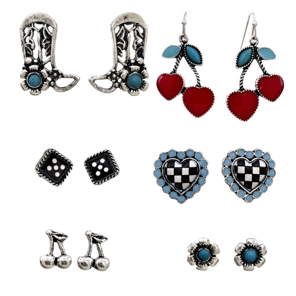 Western Style Cherry Hearts Checker 6 Piece Earrings