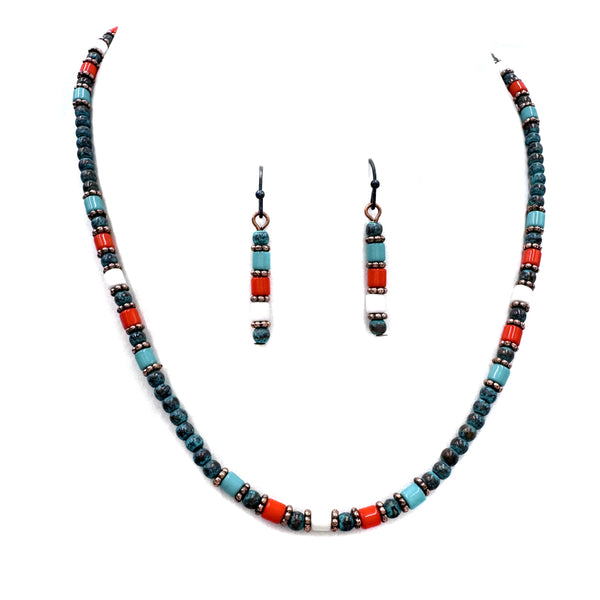 Navajo Bead Turquoise Orange Stone Necklace Set