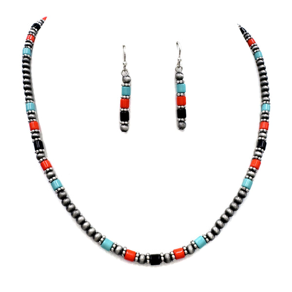Navajo Bead Turquoise Orange Stone Necklace Set