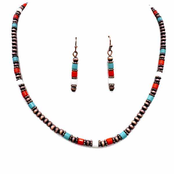 Navajo Bead Turquoise Orange Stone Necklace Set