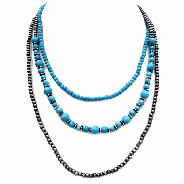 Three Strand Pearl Turquoise Stone Beads Navajo Necklace