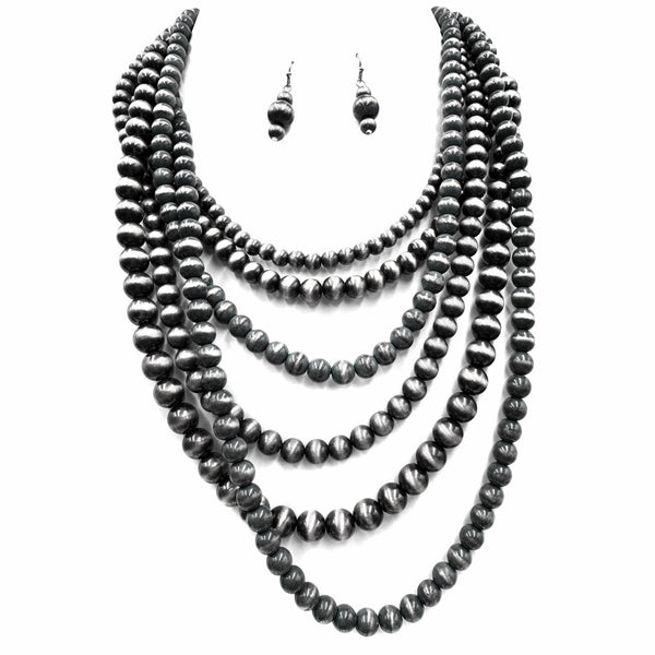 Navajo Bead Turquoise Silver Layer Five Necklace Earrings Set