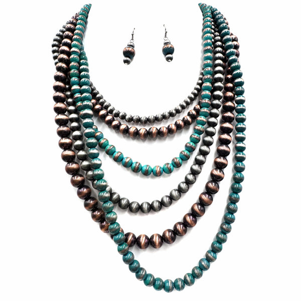 Navajo Bead Turquoise Silver Layer Five Necklace Earrings Set