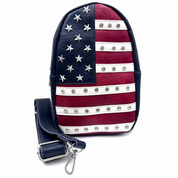 Women's American Flag Stars Stud Crossbody Sling Backpack
