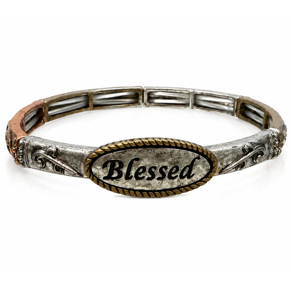 Blessed Silver Tone Western Stretch Bangle Bracelet