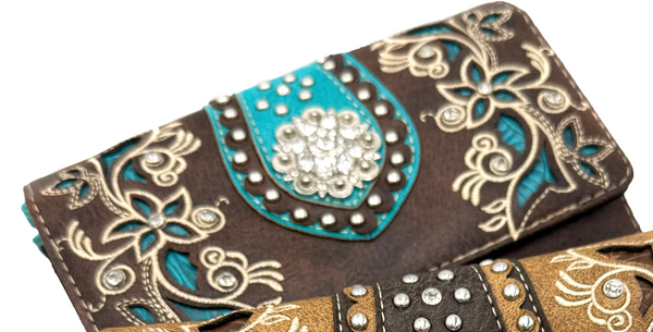 Rhinestone Concho Floral Crossbody Wallet