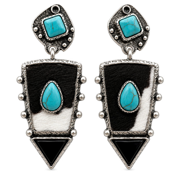 Turquoise Stone Cowhide Geometric Earrings