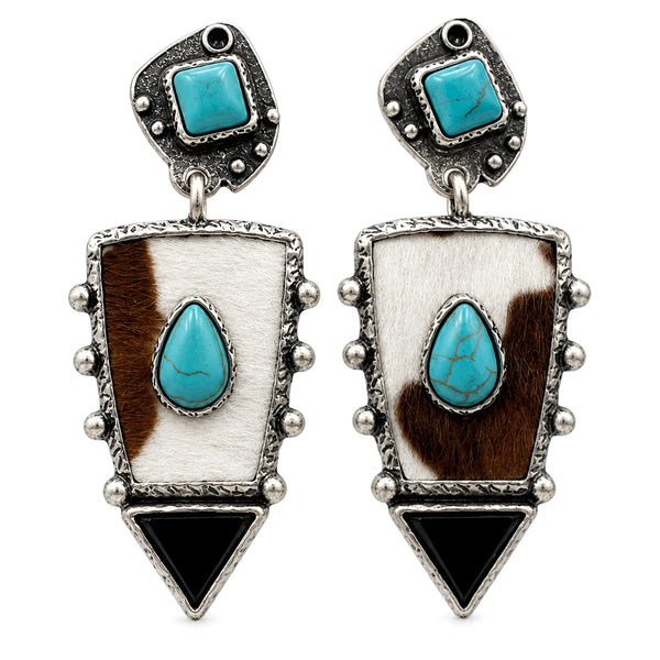 Turquoise Stone Cowhide Geometric Earrings
