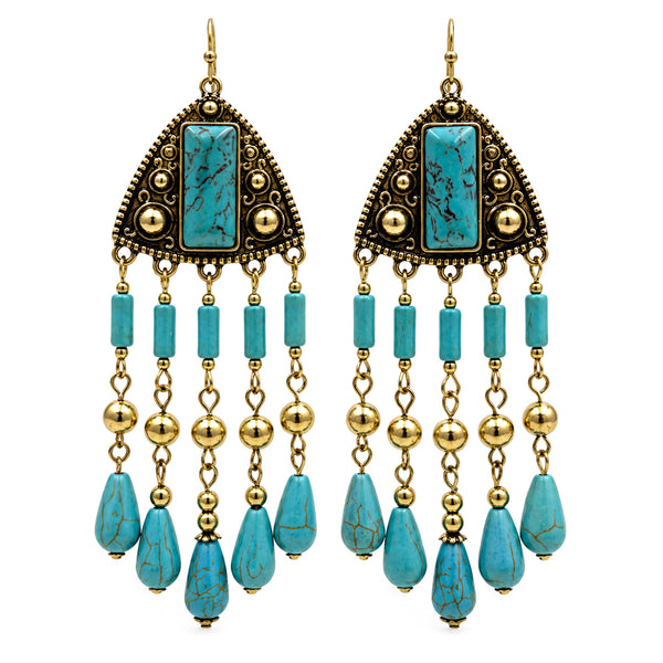 Turquoise Stone Chandelier Silver Gold Drop Earrings
