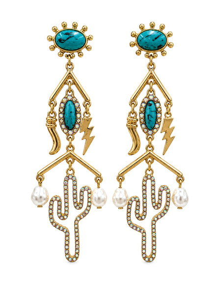 Cactus Pearl Turquoise Lightning Bolt Drop Earrings