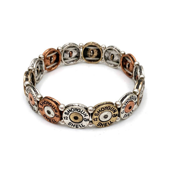 Tri Tone Small Metal Shotgun Shell Bullet Western Stretch Bracelet