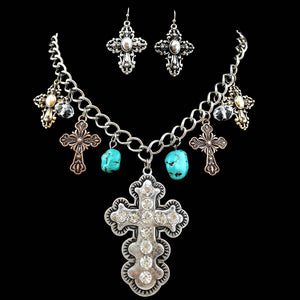 Cross Western Turquoise Stone Charms Necklace