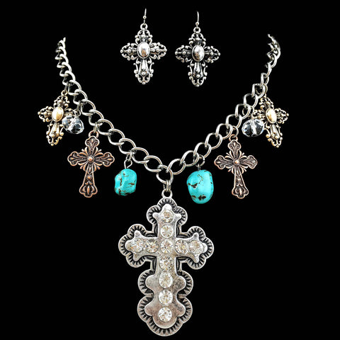 Cross Western Turquoise Stone Charms Necklace