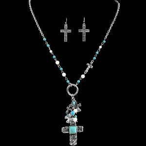 Long Turquoise Charms Cross Necklace Earring Set