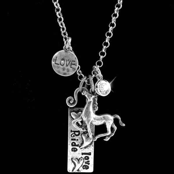 Horse Live Love Ride Plate Necklace Earring Set