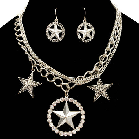 Texas Star Rhinestone Chrome Silver Necklace