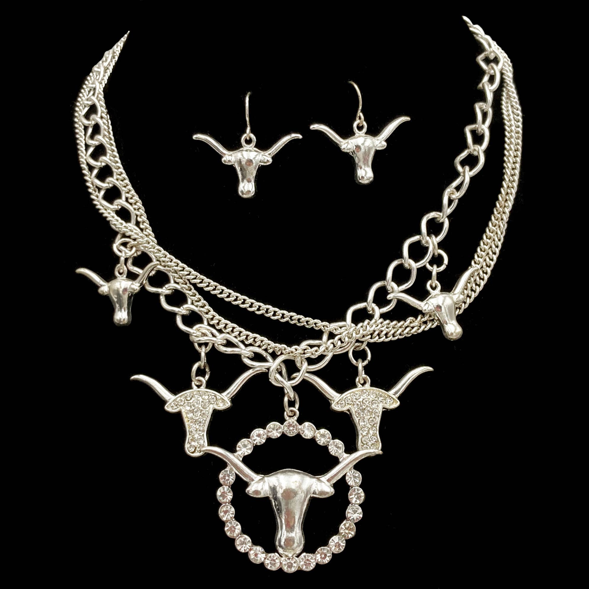 Longhorn Rhinestone Chrome Silver Necklace