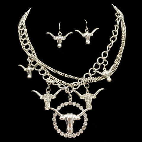 Longhorn Rhinestone Chrome Silver Necklace