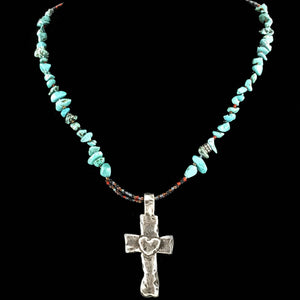 Turquoise Stone Cross Heart Bead Necklace Earring Set