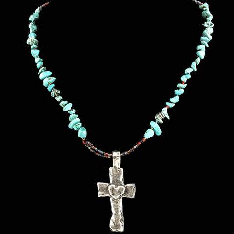 Turquoise Stone Cross Heart Bead Necklace Earring Set