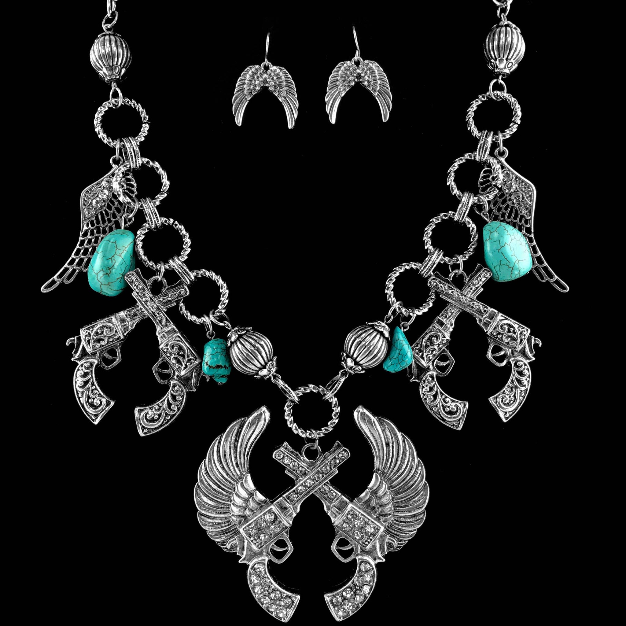 Angel Wing Pistol Gun Turquoise Stone Large Necklace