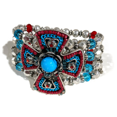 Cross with Red Blue Beads Stretch Bracelet