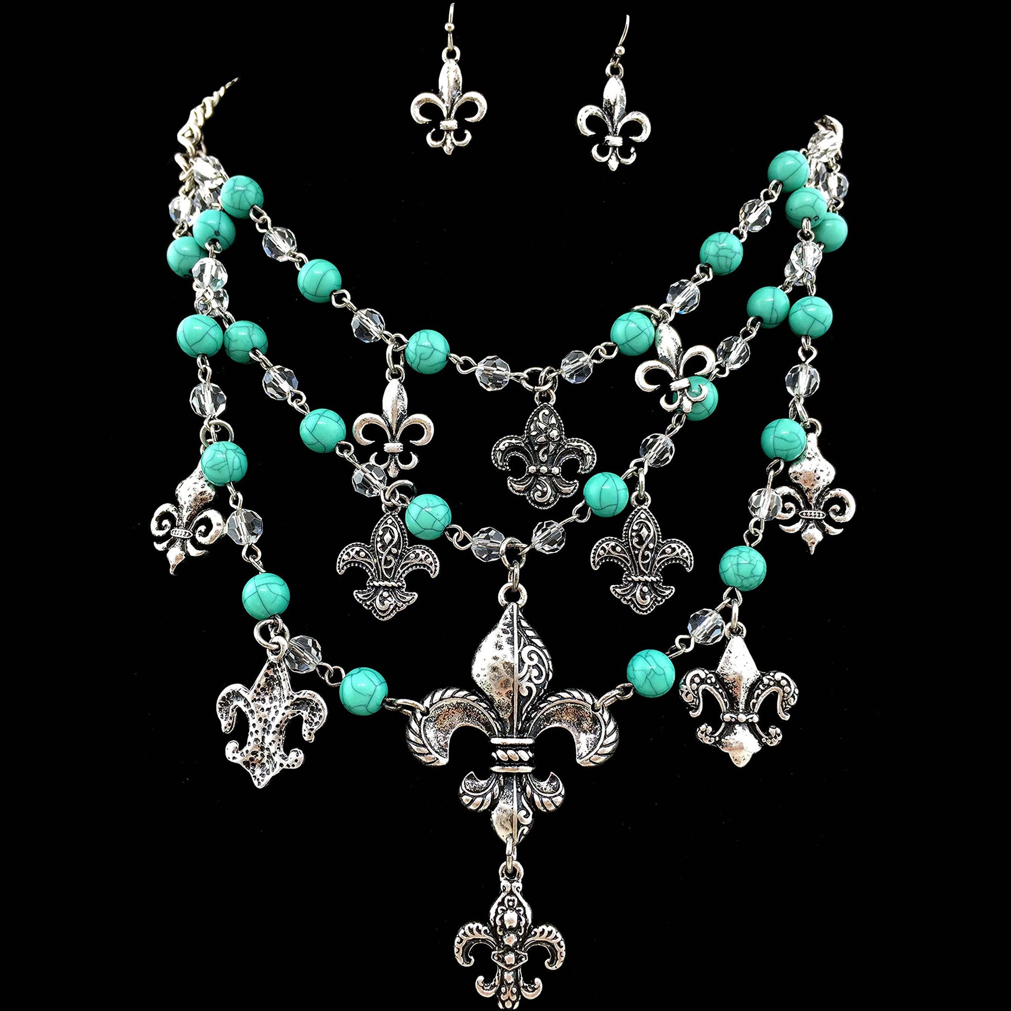 Chunky Fleur De Lis Turquoise Necklace Earring Set