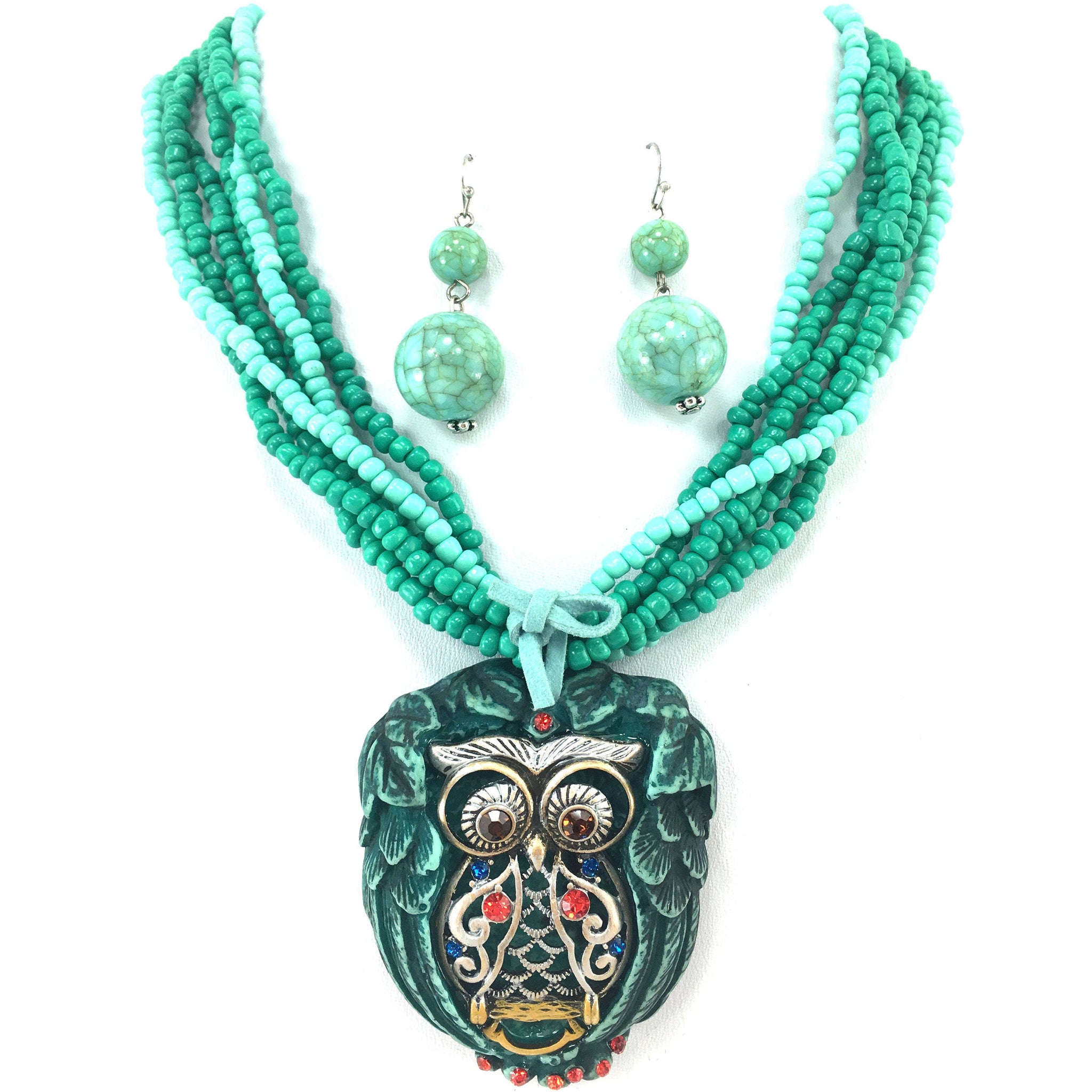 Chunky Owl Pendant Bead Large Necklace Earrings Set