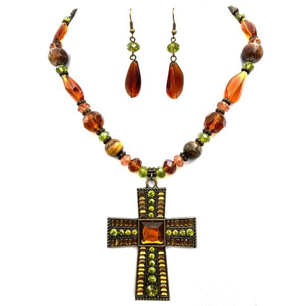 Stone Beads Cross Necklace with Earrings