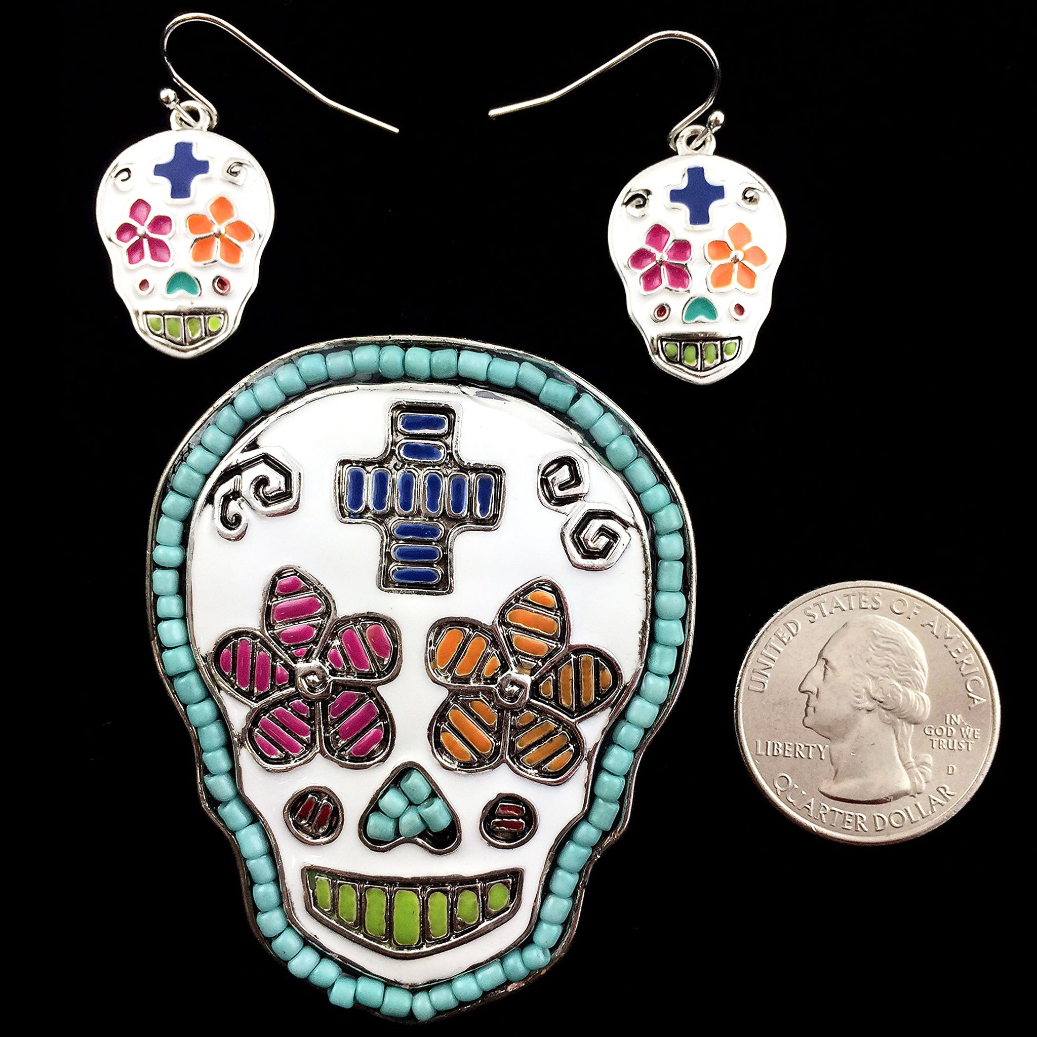 Sugar Skull Cross Beads and Floral Pendant with Earrings