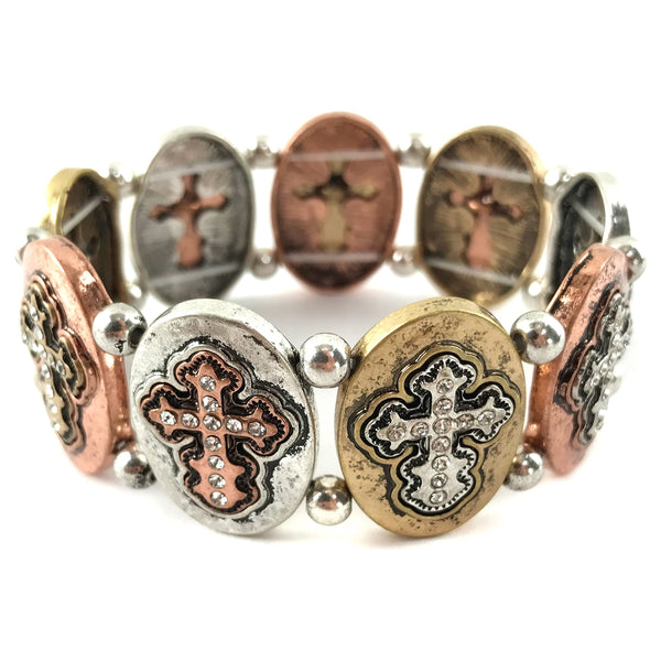 Western Cross with Rhinestones Silver Patina Stretch Bracelet