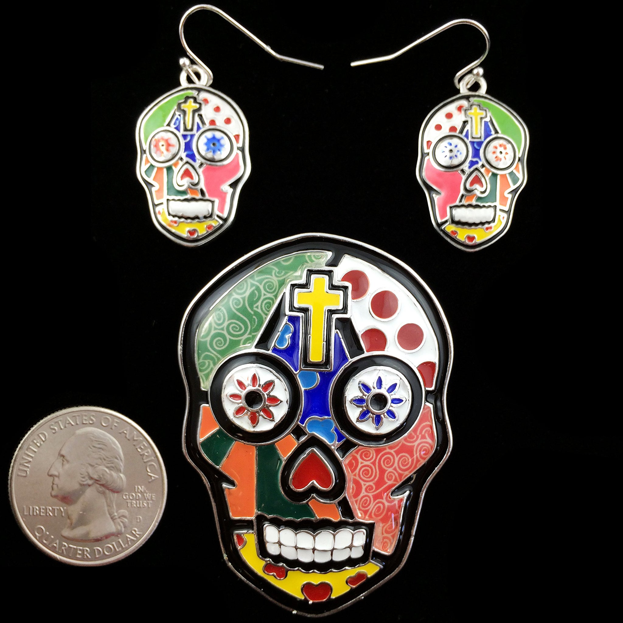 Mosaic Art Colorful Skull Cross Pendant with Earrings