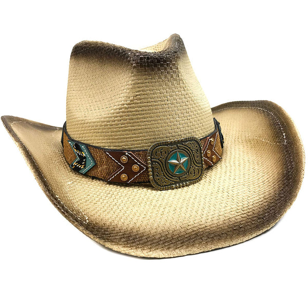 Western Texas Star Turquoise Hat Band Straw Cowboy Hat