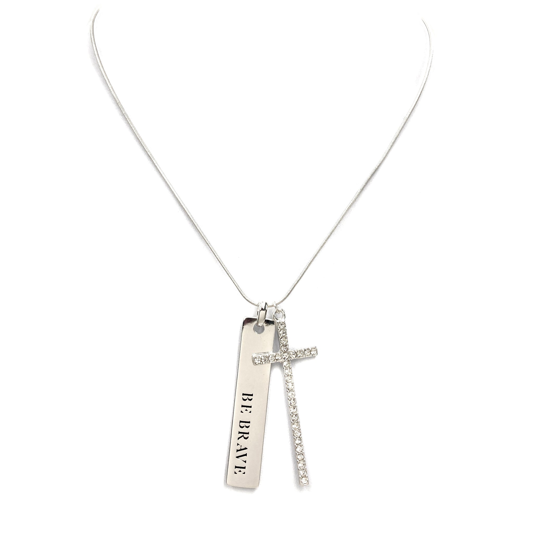 Be BRAVE Bar Rhinestone Cross 18" Chain Necklace