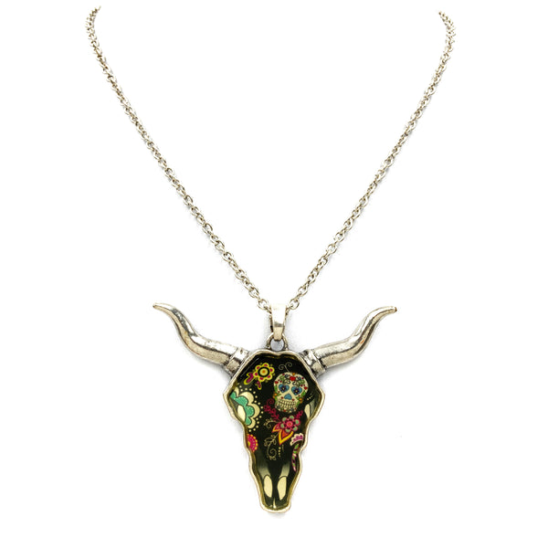 Longhorn with Sugar Skull Bohemian Pendant 18" Chain Necklace