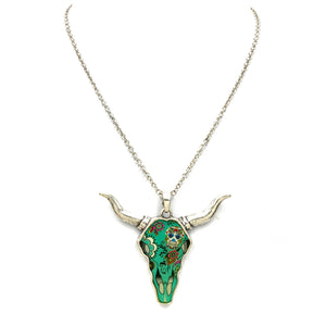 Longhorn with Sugar Skull Bohemian Pendant 18" Chain Necklace