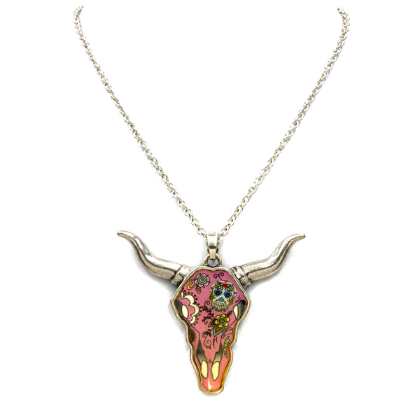 Longhorn with Sugar Skull Bohemian Pendant 18" Chain Necklace