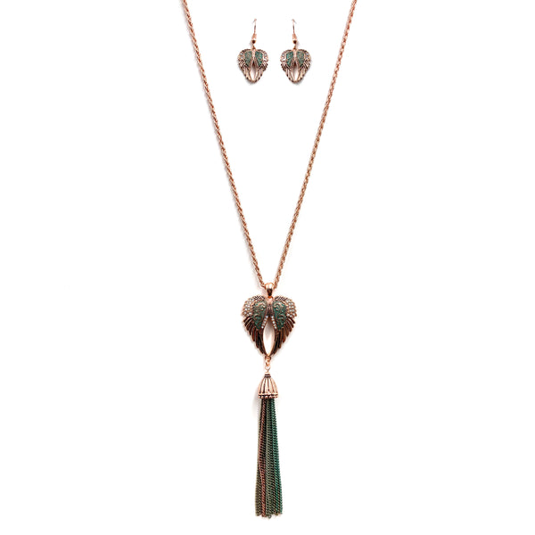 Heart Angel Wings Tassel Long 30" Chain Necklace