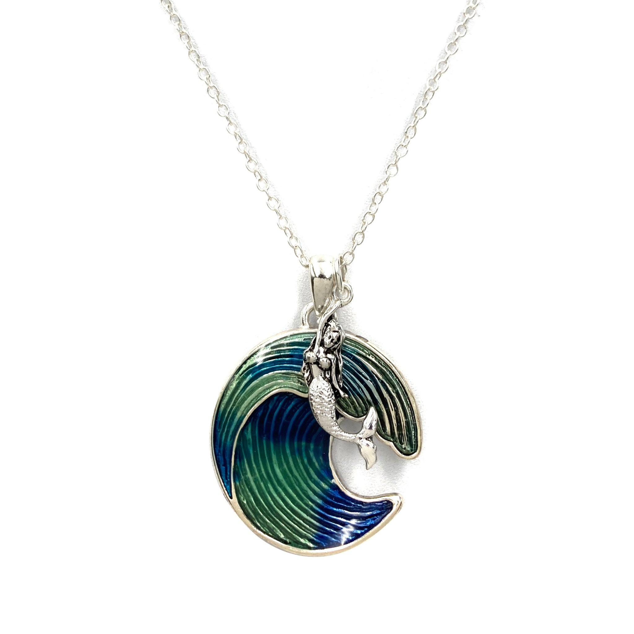 Sea Mermaid Ocean Wave Pendant 18" Chain Necklace with Earrings