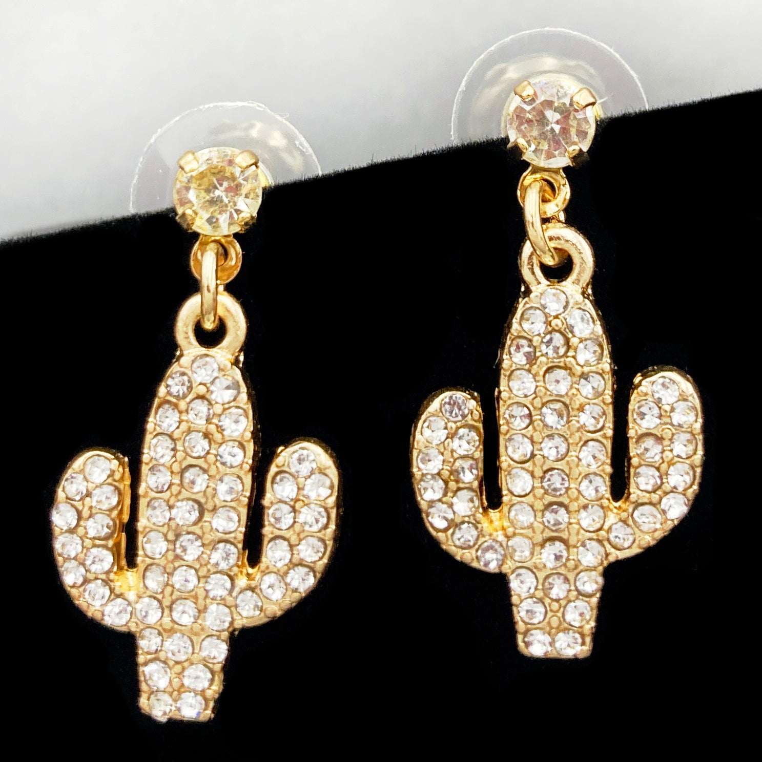 Cactus Gold Rhinestone Crystal Stud Earrings