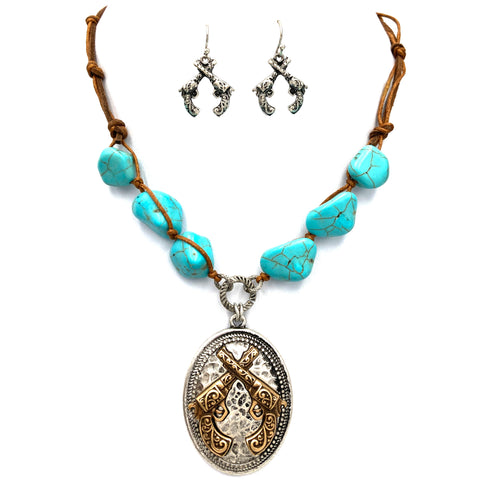 Turquoise Stone Leather Rope Pistol Gun Necklace Earring Set